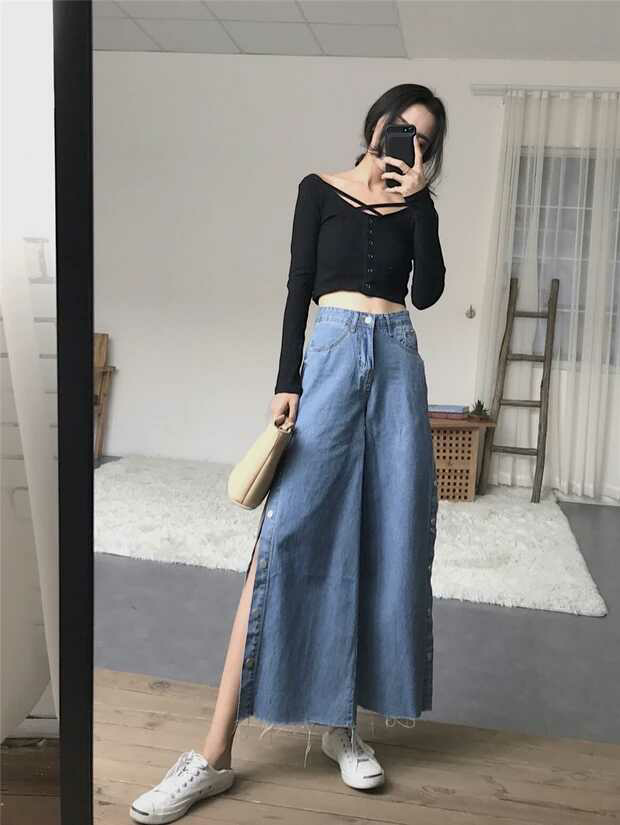 休闲百搭高腰牛仔裤宽松开叉阔腿裤女